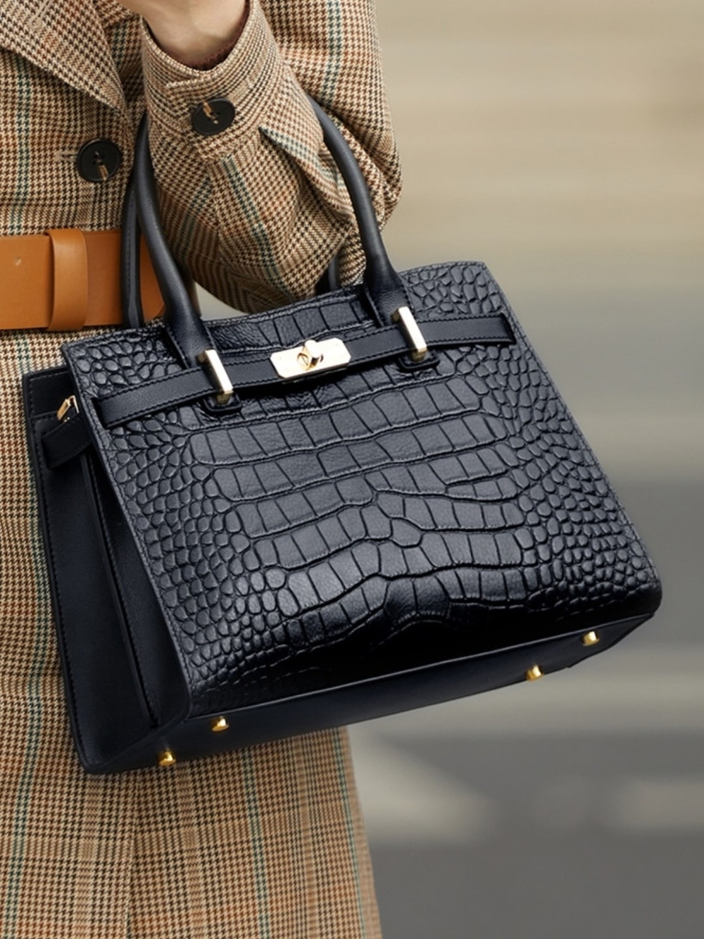 Croc-Embossed Black Structured Satchel Handbag - Picture 1 of 8